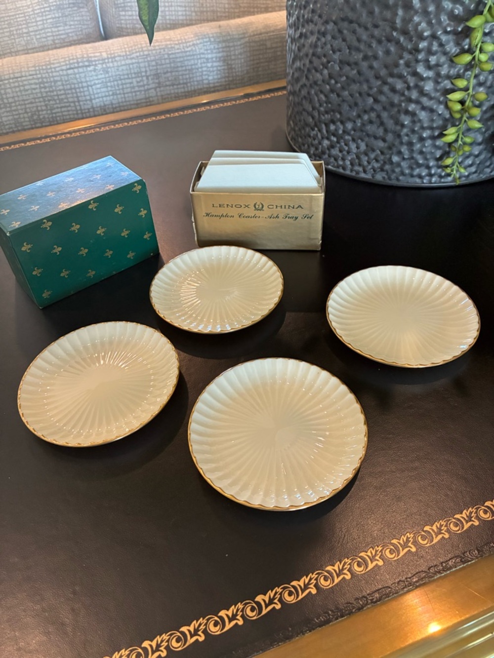 Lenox Cream and Gold Coaster/Ashtray set of 4 in original box. NWOT